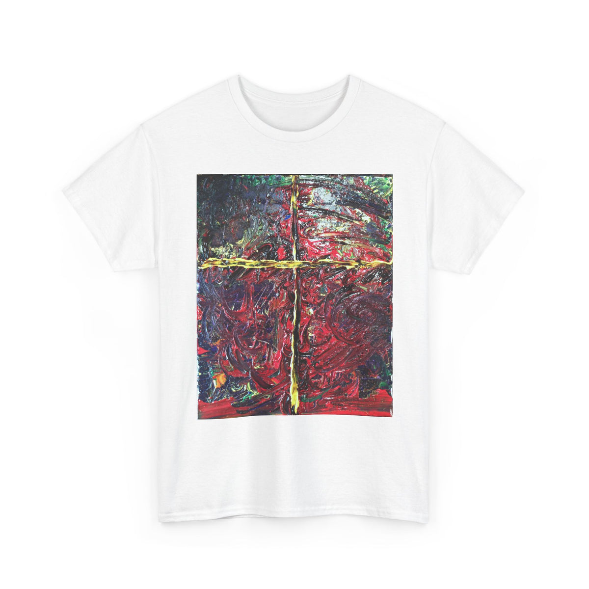 Abstract Cross Painting T-Shirt — Bold Red & Gold Art Tee