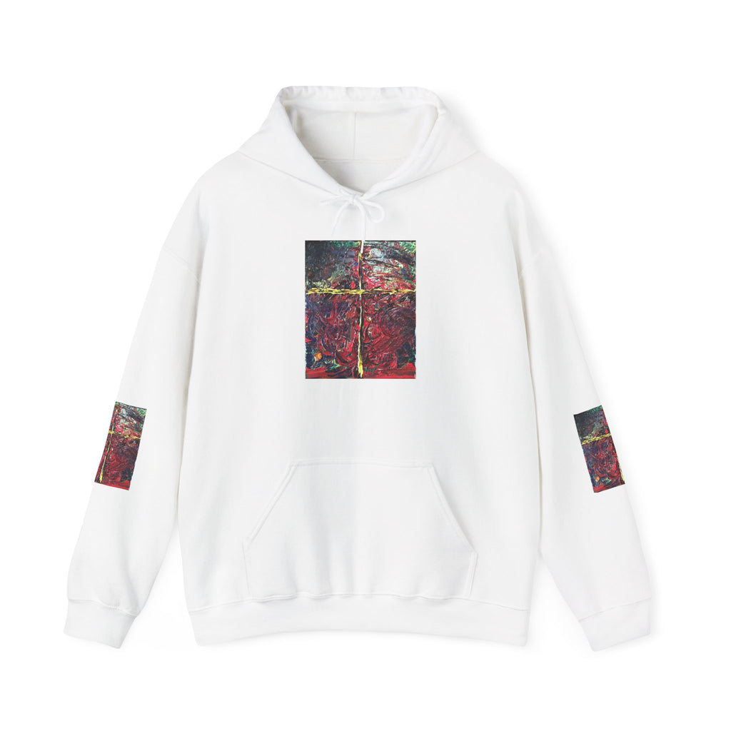 Abstract Red Forest Hoodie — Artistic Nature Print Hooded Sweatshirt