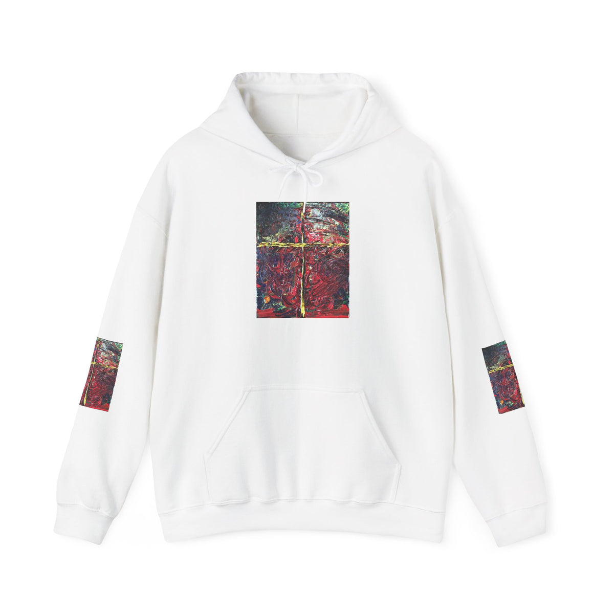 Abstract Red Forest Hoodie — Artistic Nature Print Hooded Sweatshirt