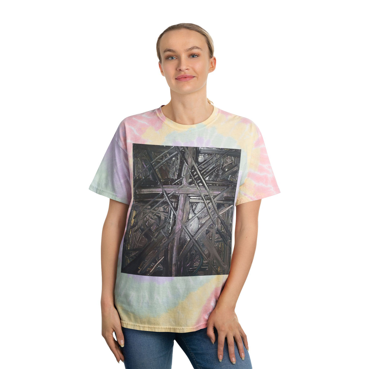 Pastel Spiral Tie-Dye Tee with Abstract Black Cross Artwork