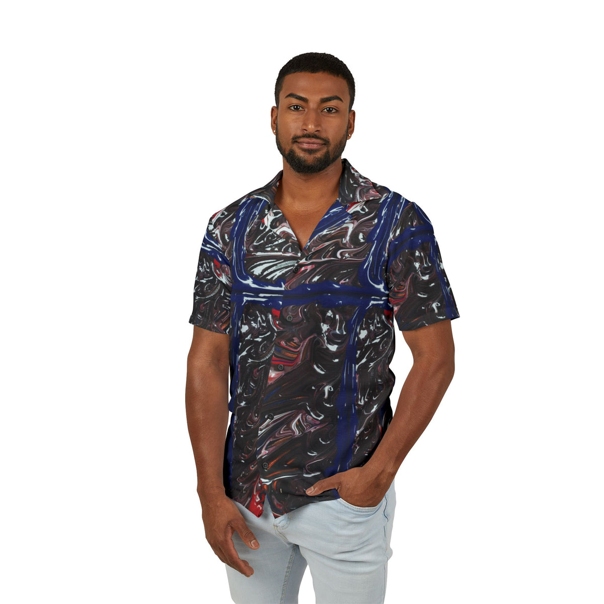 Men's Abstract Cross Hawaiian Camp Shirt — Red, Black & Blue Swirl AOP