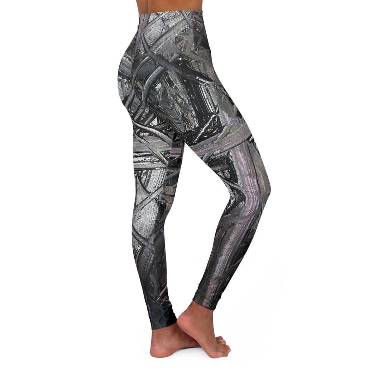 High-Waisted Yoga Leggings — Abstract Monochrome Wire Art Print Printify