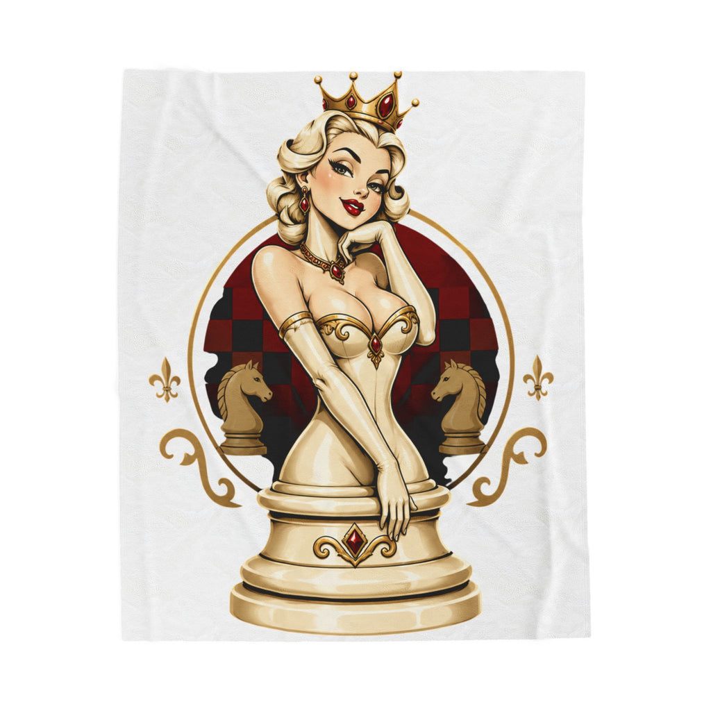 Velveteen Plush Blanket – Vintage Queen Chess Pin-Up Design