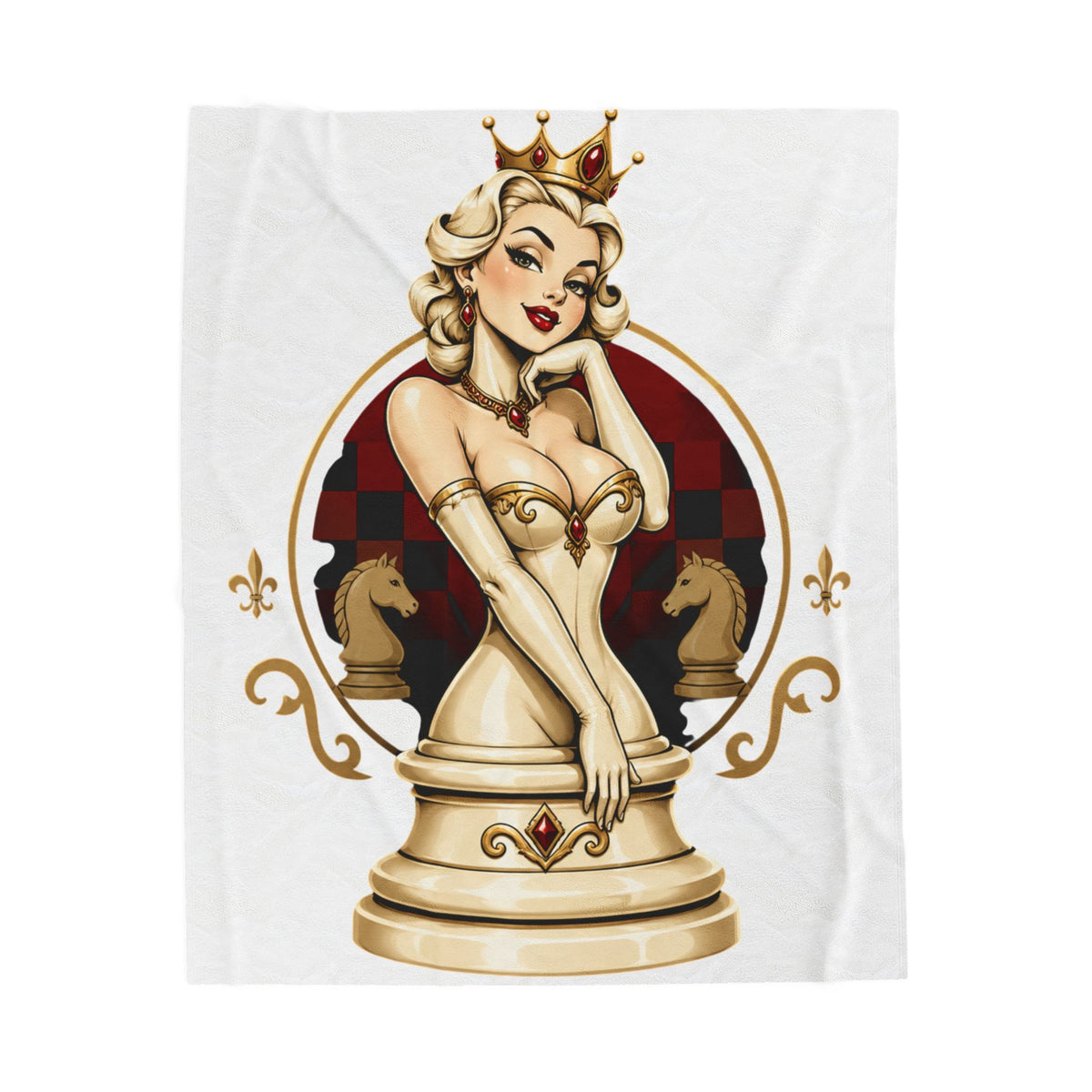 Velveteen Plush Blanket – Vintage Queen Chess Pin-Up Design