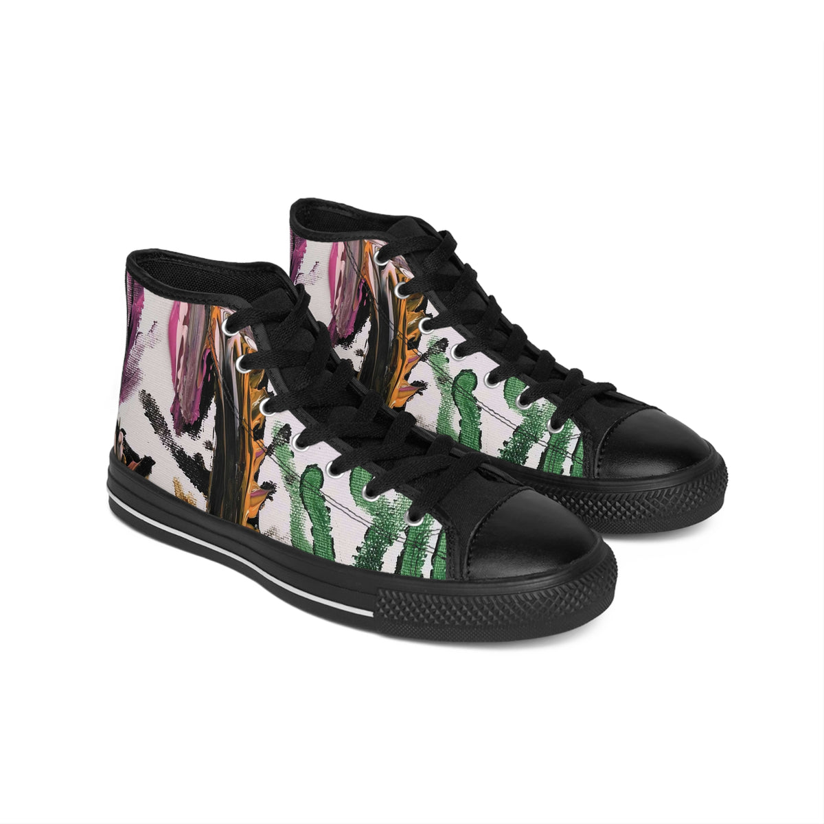 Abstract Watercolor Cactus High-Top Sneakers — Women's Artistic Desert Print