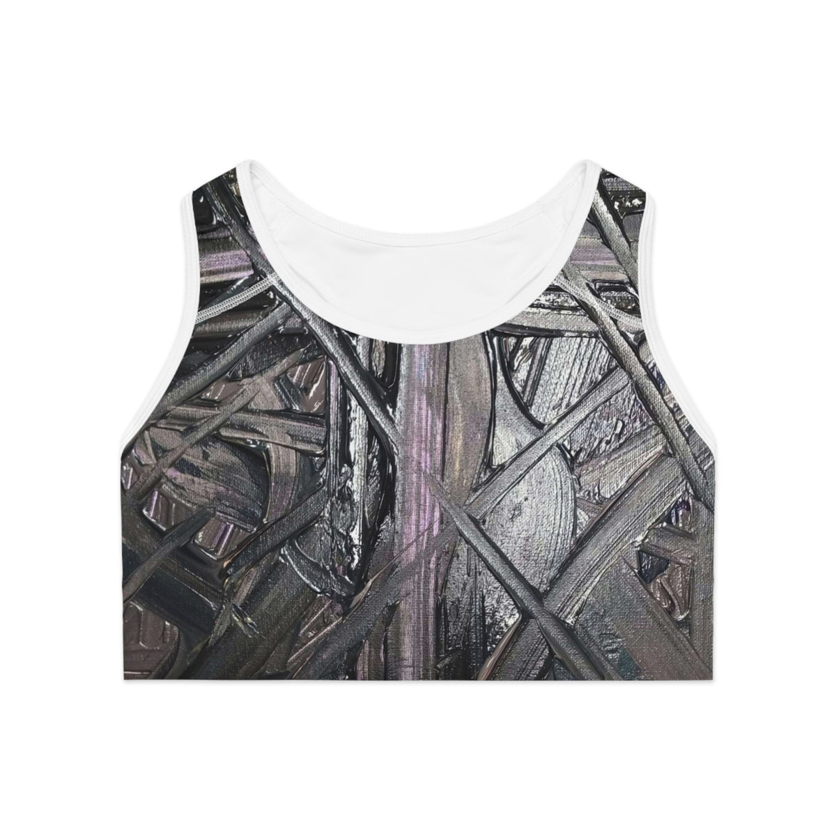 Abstract Charcoal Weave Sports Bra — All-Over-Print Athletic Crop Top