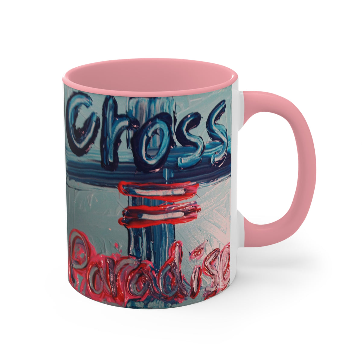 Accent Pink Interior Mug — 'Cross = Paradise' Handpainted Typography Coffee Mug