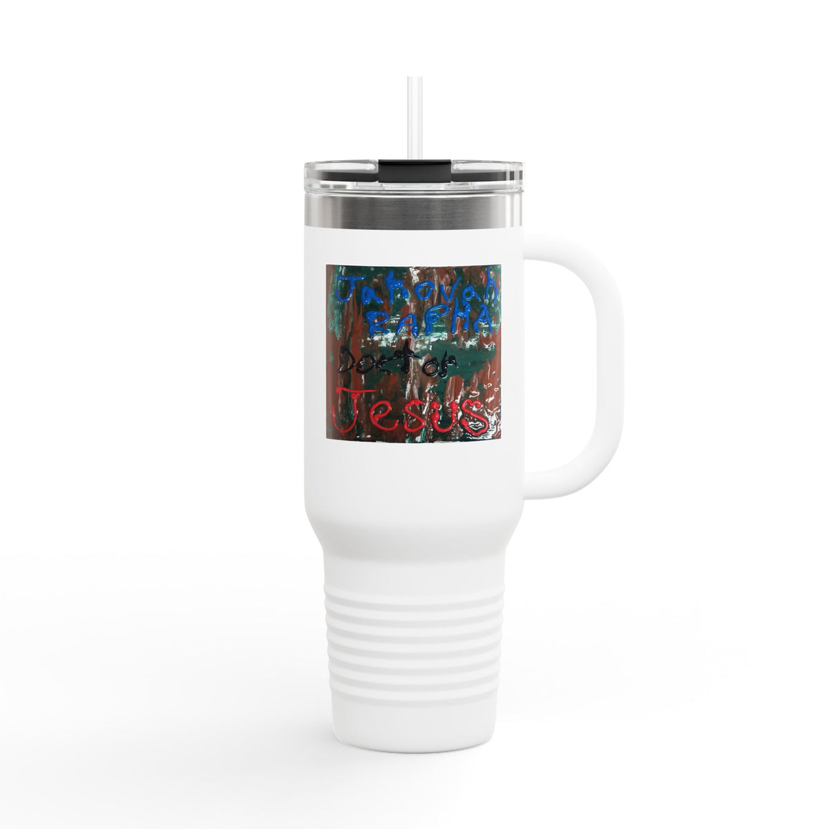 40oz Insulated Travel Mug – Colorful Faith Artwork with 'Jesus' Design