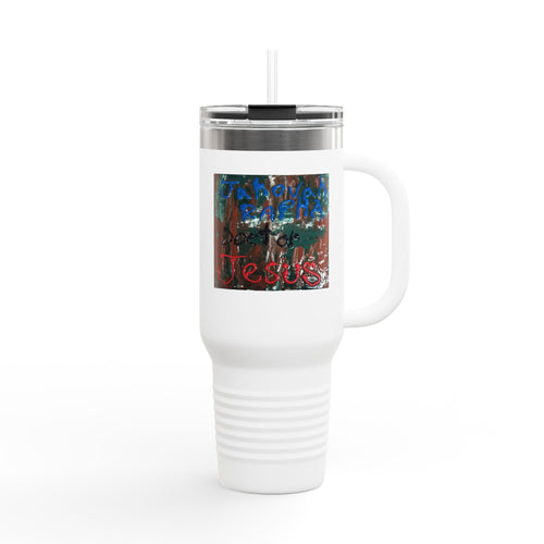 40oz Insulated Travel Mug – Colorful Faith Artwork with 'Jesus' Design