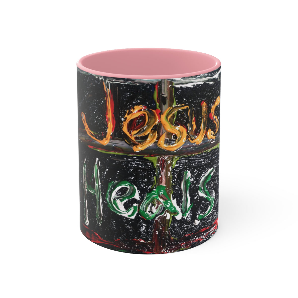 Jesus Heals Accent Mug — Inspirational Christian Coffee Cup (Pink Interior)