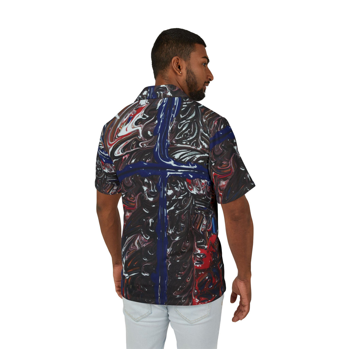 Men's Abstract Cross Hawaiian Camp Shirt — Red, Black & Blue Swirl AOP