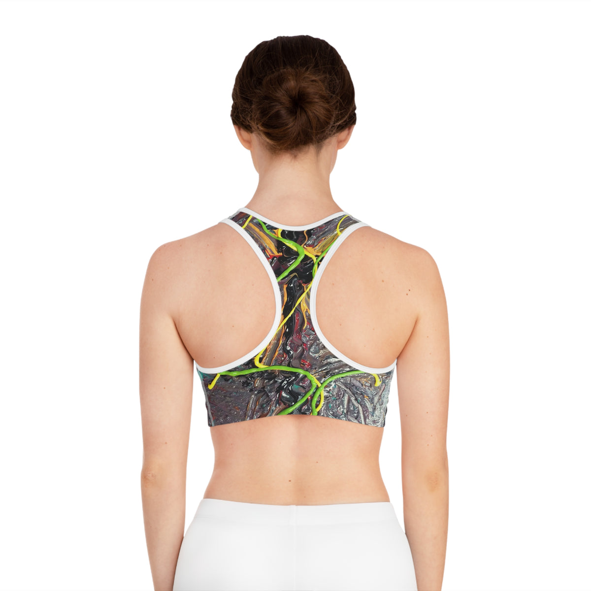 Abstract Neon Paint Sports Bra — Artistic All-Over-Print Activewear