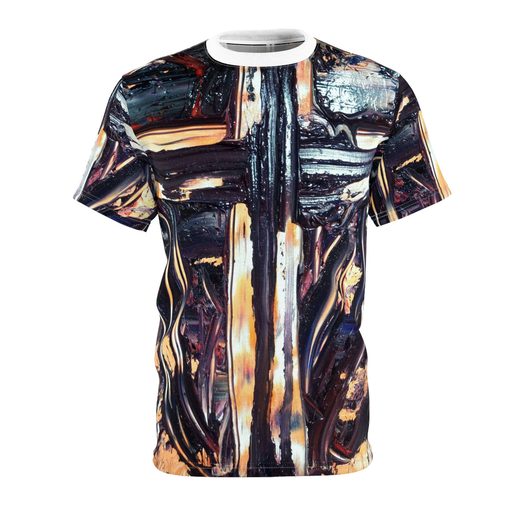 Abstract Oil Paint Cross Tee — All-Over Print Artistic T-Shirt