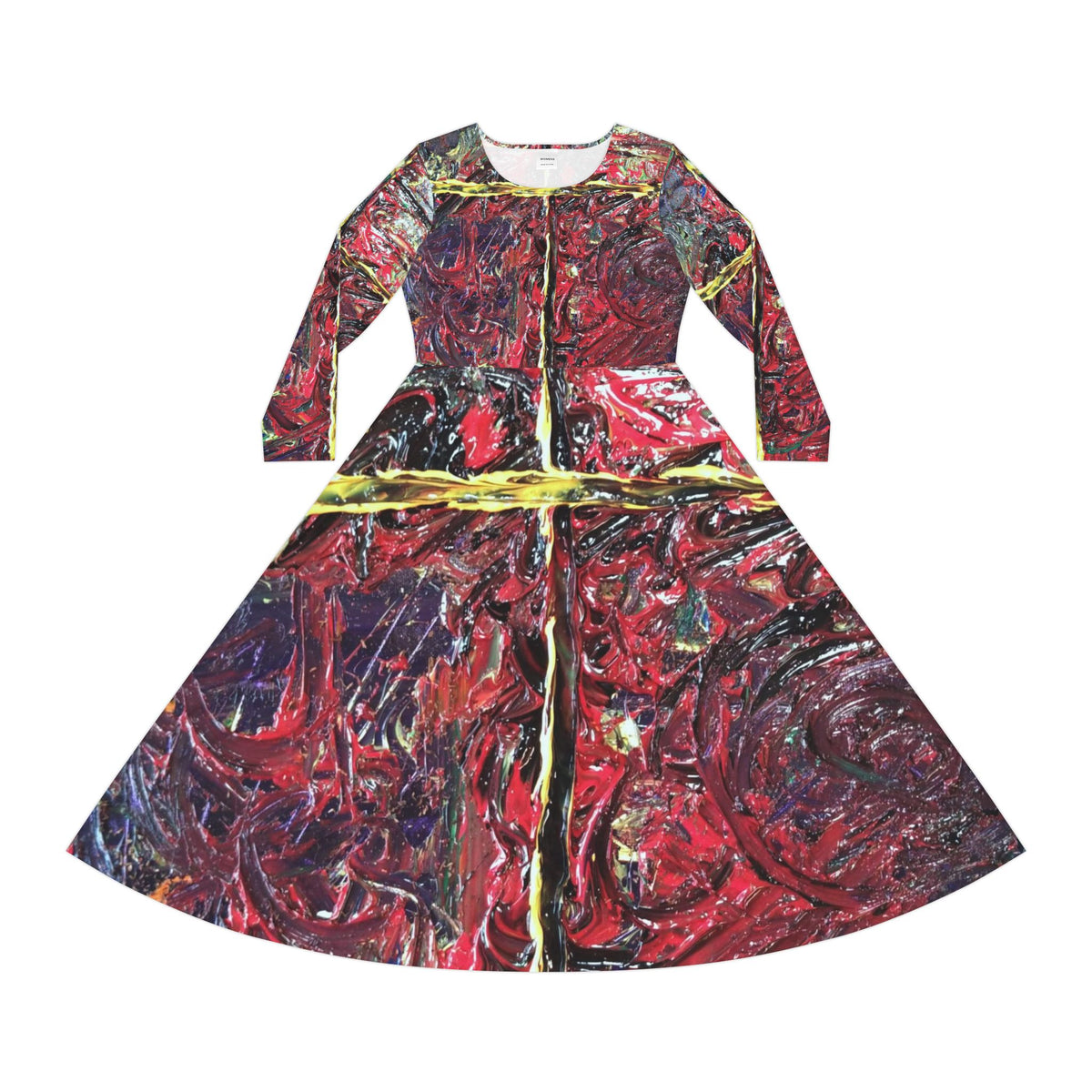 Abstract Red Swirl Long Sleeve Dance Dress – Artistic AOP Circle Skirt