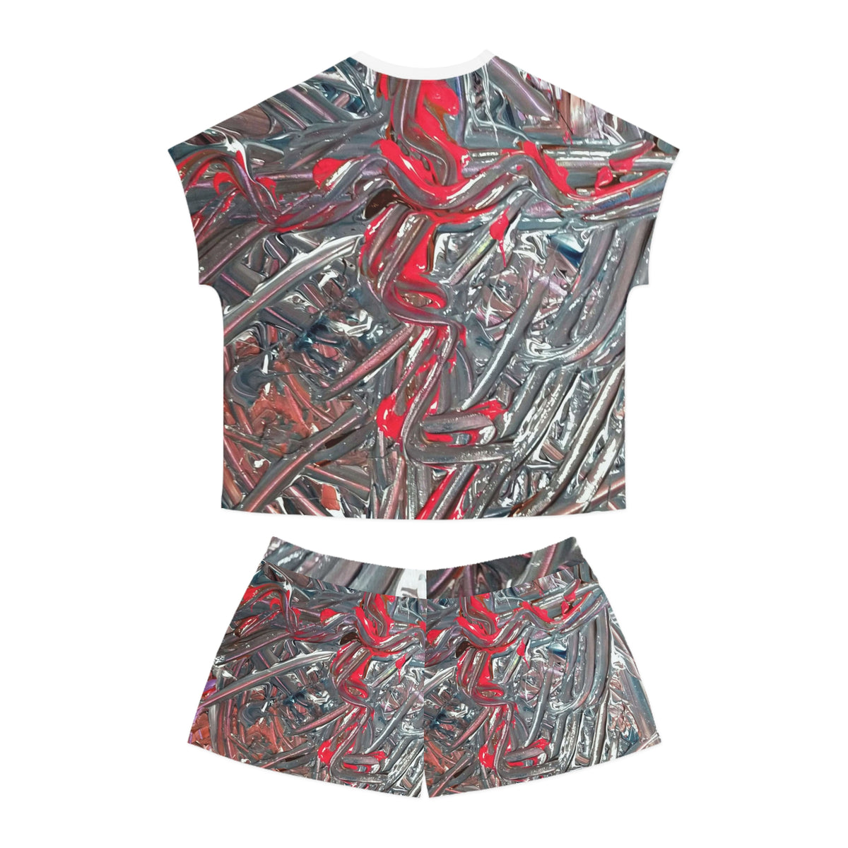 Short Pajama Set — Abstract Metallic Red & Silver All-Over Print