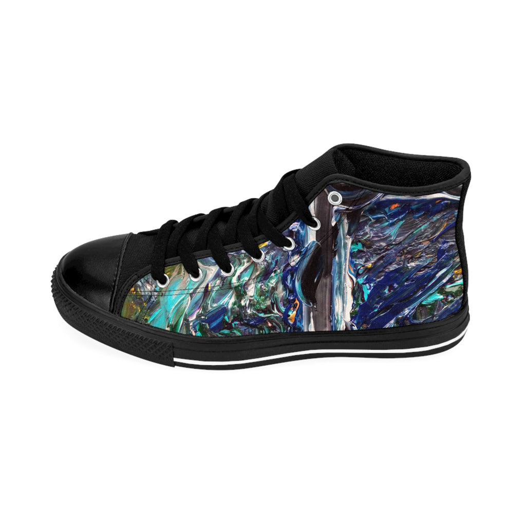 Abstract Ocean Wave High-Top Sneakers — Women's Artistic Blue Marble Design