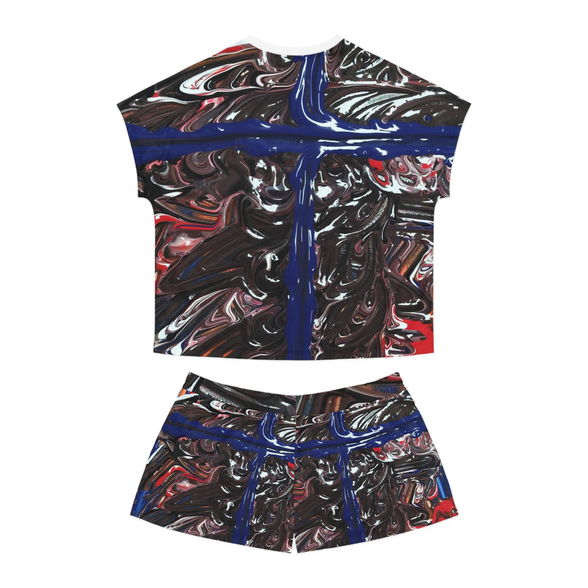 Women's Abstract Art Pajama Set — Blue Cross Swirl Print Shorts Set