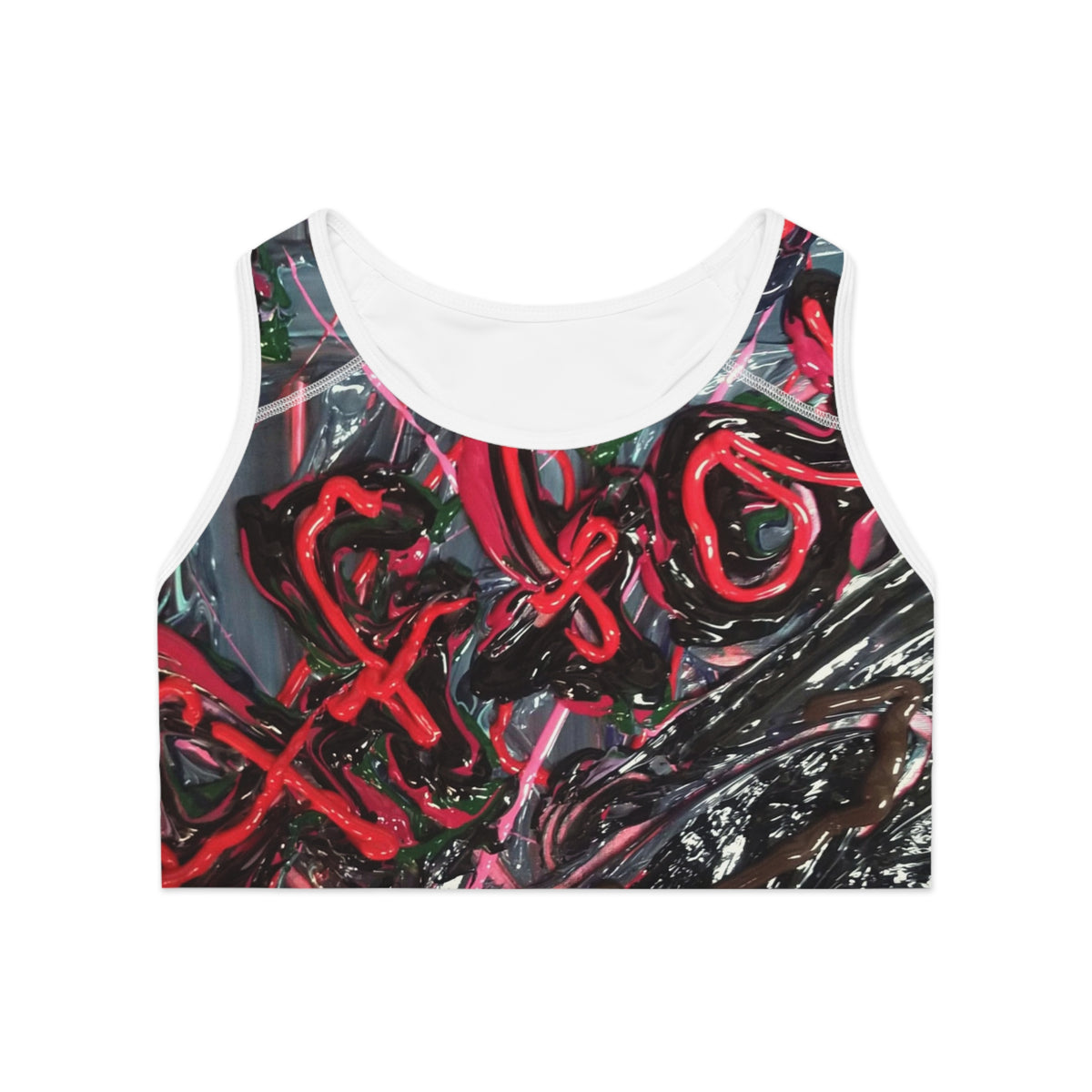 Abstract Red Heart All-Over-Print Sports Bra — Valentine Athletic Crop Top
