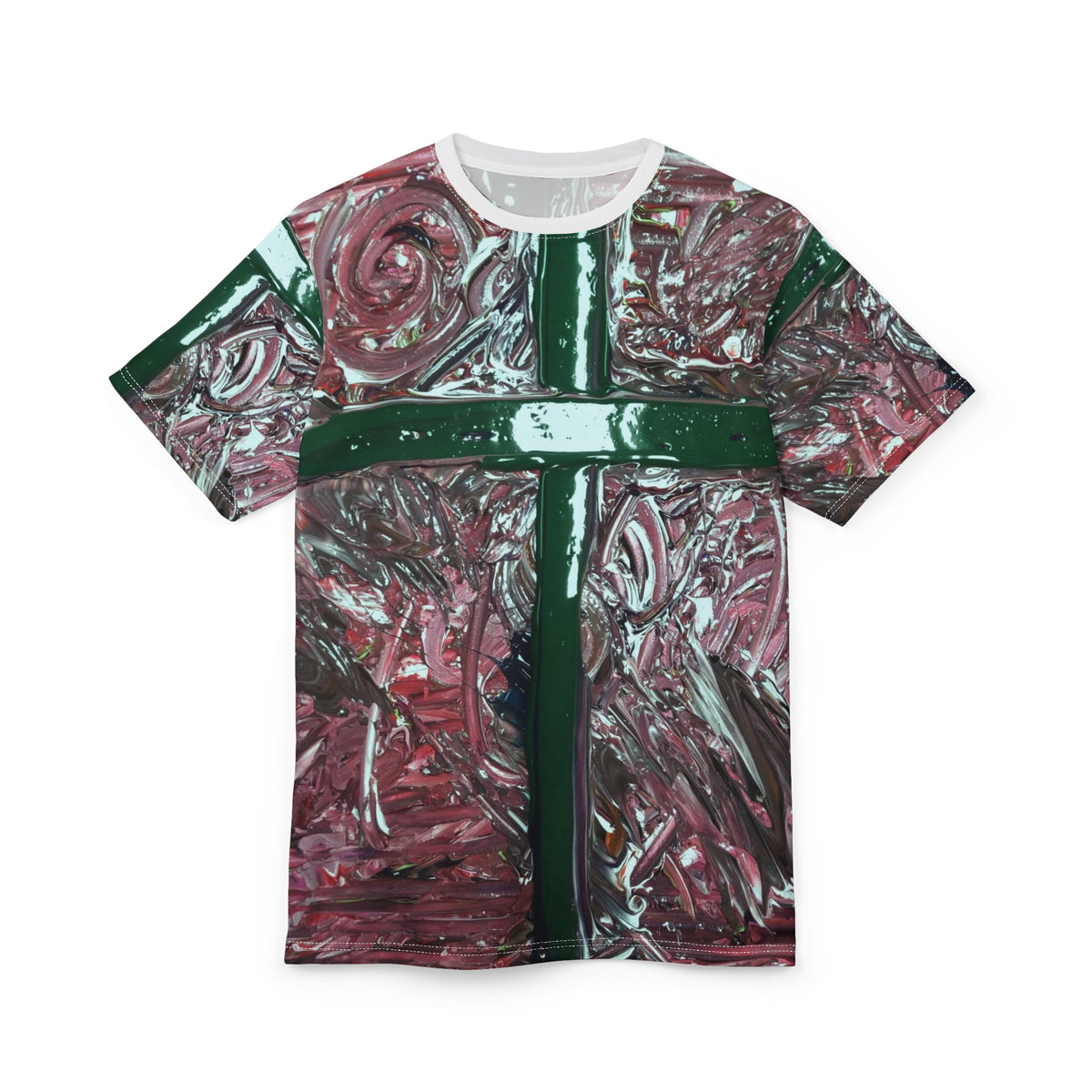 Cross Art Tee — Abstract Green Cross All-Over Print Shirt