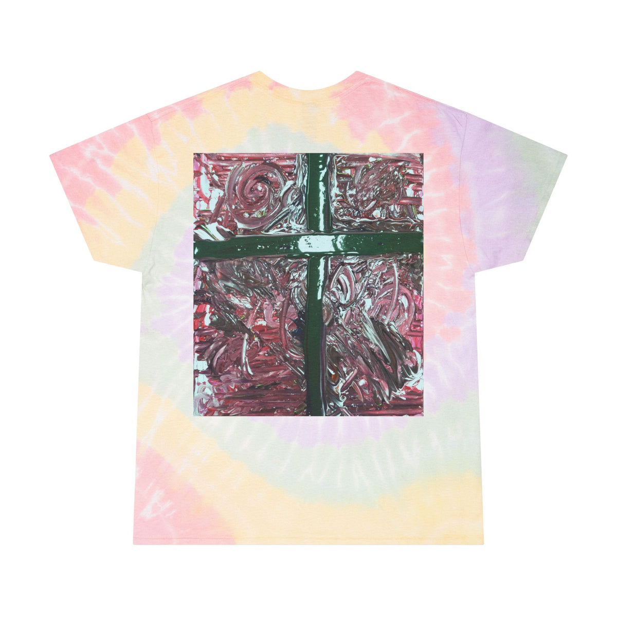 Pastel Spiral Tie-Dye Tee with Abstract Cross Art — Retro Boho Graphic T-Shirt