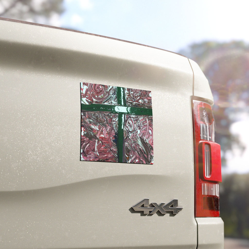 Abstract Cross Car Magnet — Textured Pink & Green Decorative Magnet