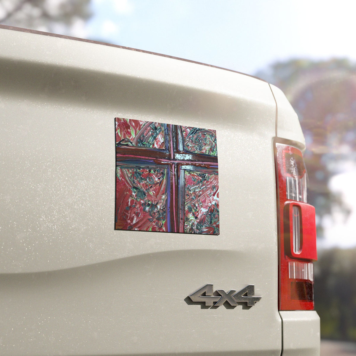 Abstract Cross Window Car Magnet — Colorful Red & Teal Textured Art