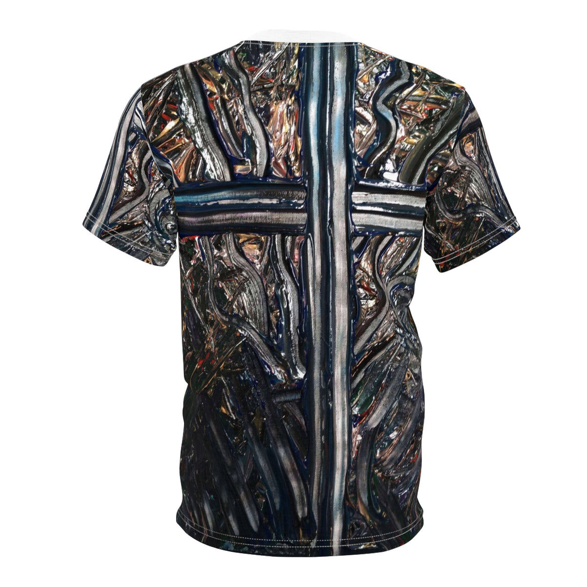 Cross-Fusion Graphic Tee — Abstract Metallic Cross All-Over Print