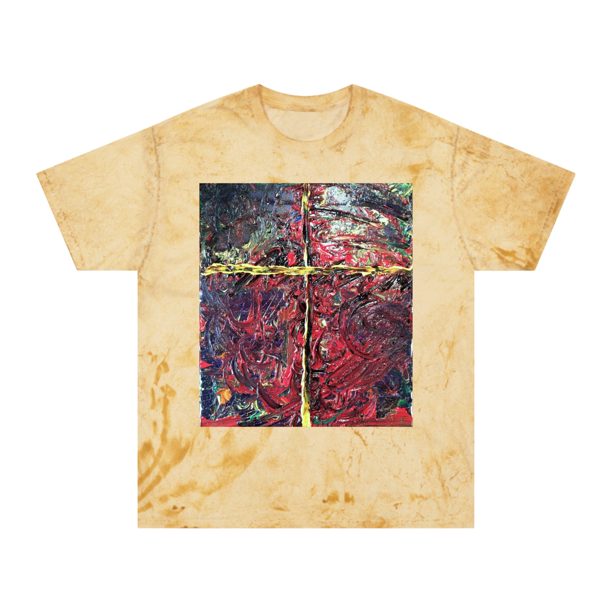 Abstract Color Blast T-Shirt — Textured Red Cross Art Tee