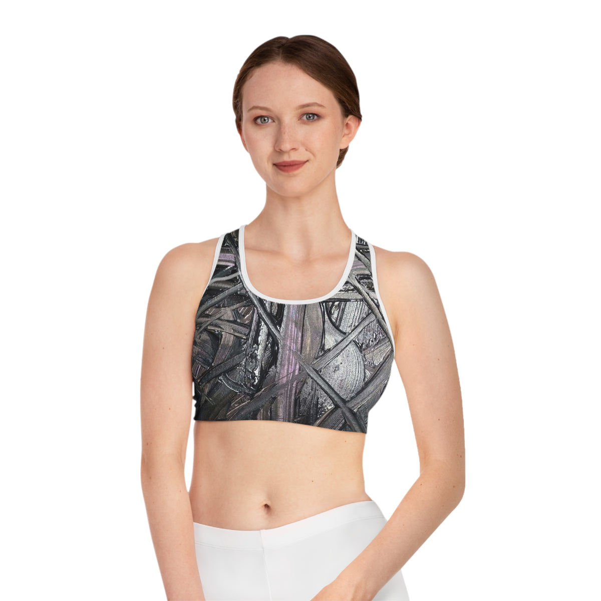 Abstract Charcoal Weave Sports Bra — All-Over-Print Athletic Crop Top