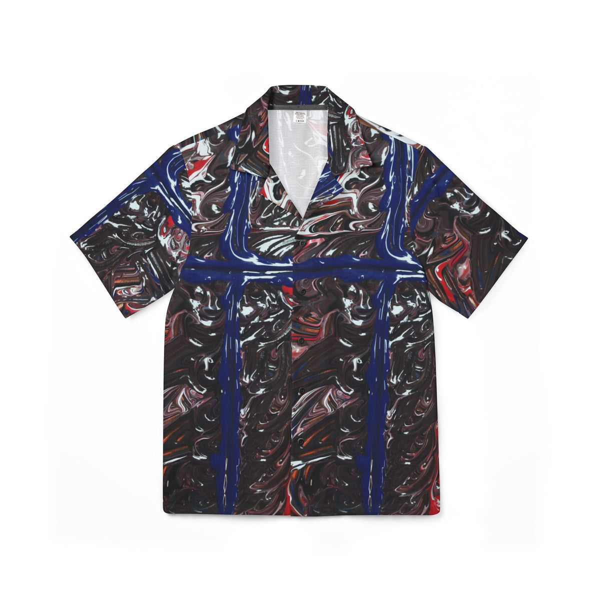 Men's Abstract Cross Hawaiian Camp Shirt — Red, Black & Blue Swirl AOP