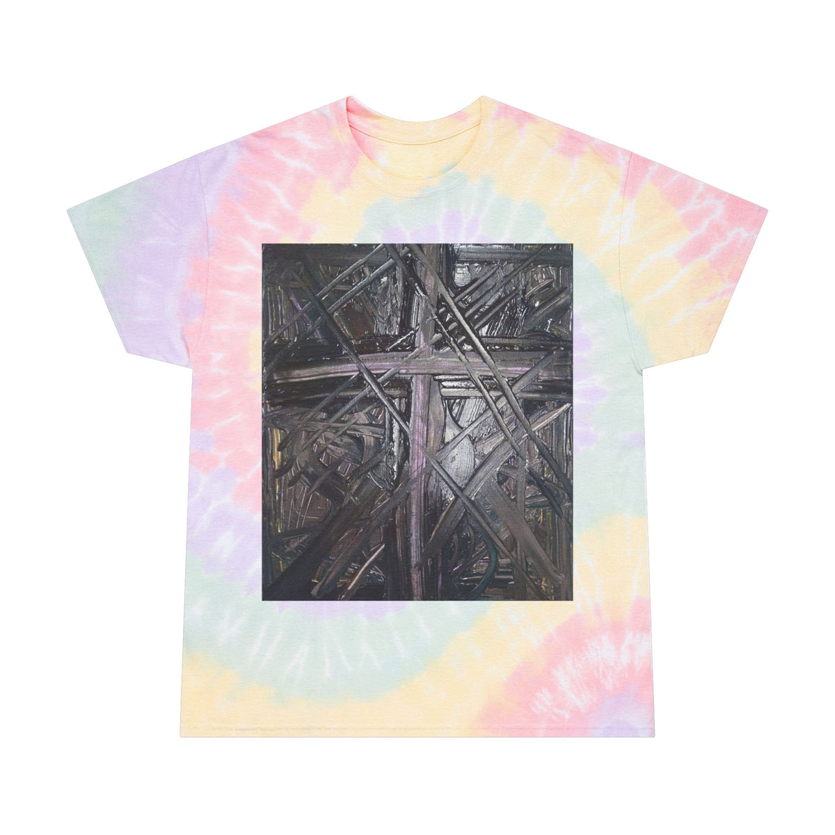 Pastel Spiral Tie-Dye Tee with Abstract Black Cross Artwork