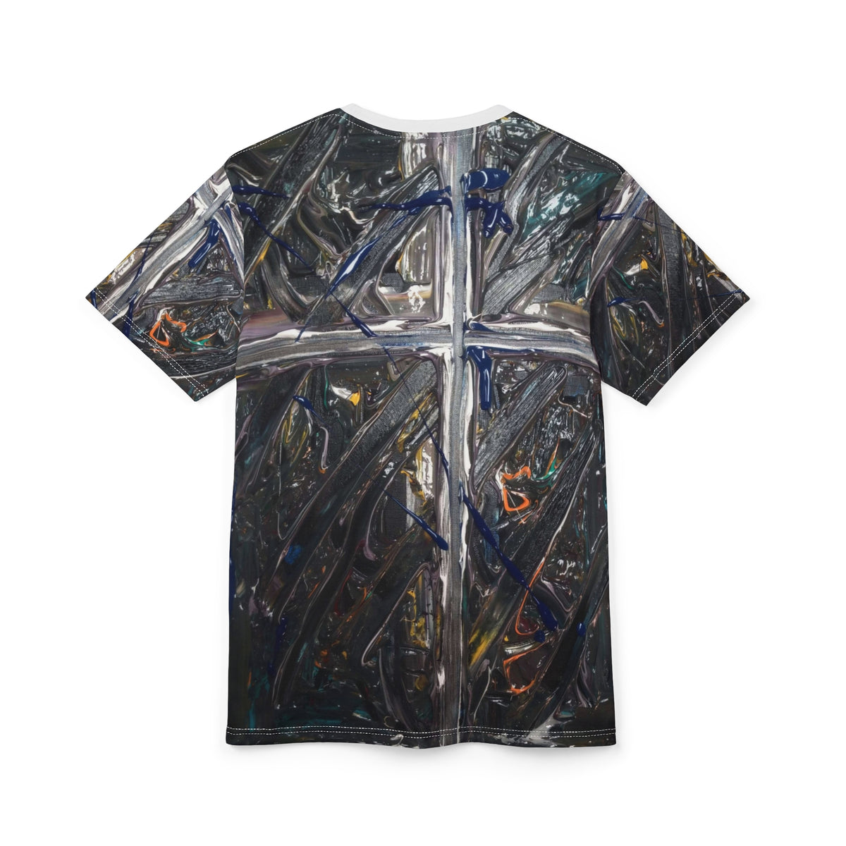 Abstract Cross Graphic Tee — Dark Metallic Brushstroke Design
