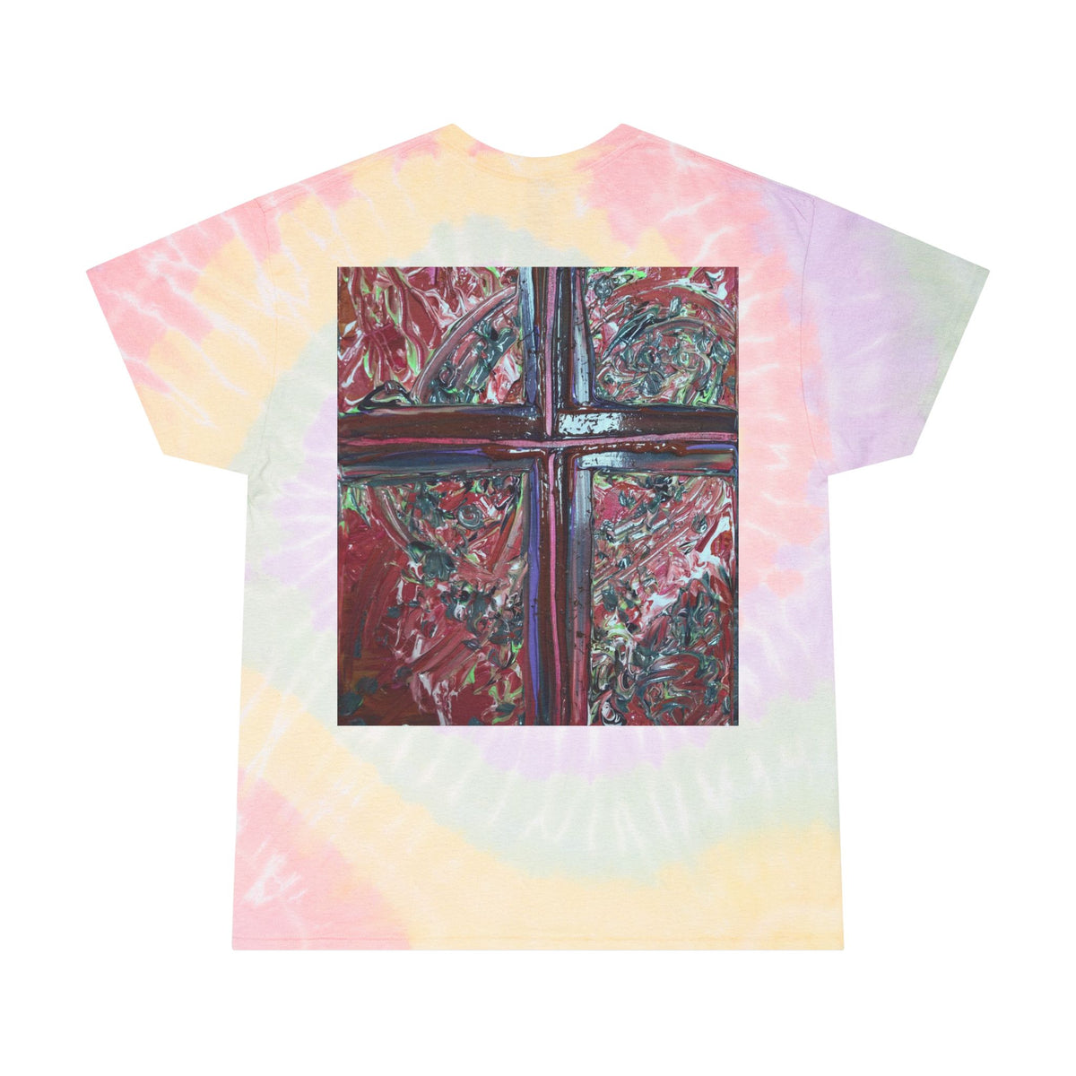 Spiral Tie-Dye Tee with Abstract Cross Art — Pastel Retro Graphic T-Shirt