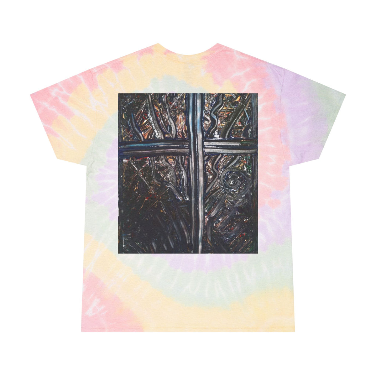 Tie-Dye Spiral Tee with Dark Cross Graphic — Pastel Retro Festival Shirt