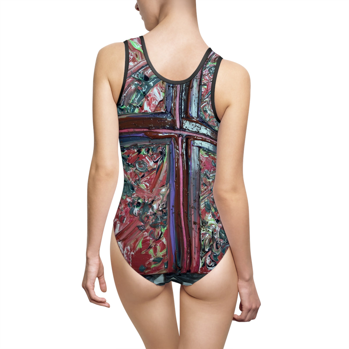 Abstract Cross-Pattern One-Piece Swimsuit — Artistic Painted Design