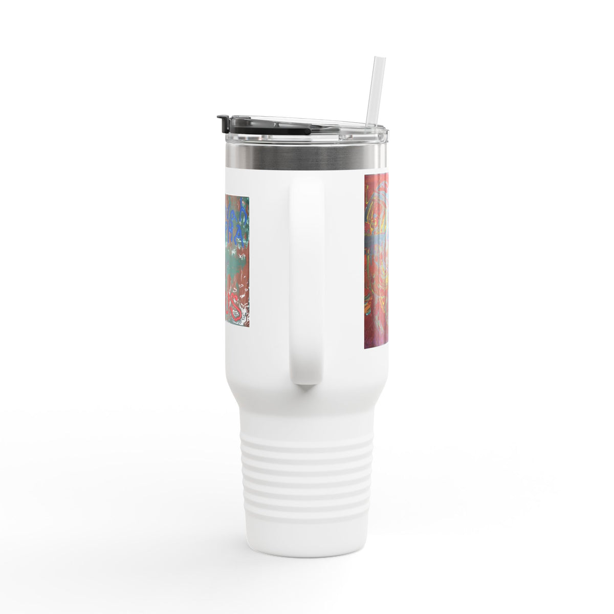 40oz Insulated Travel Mug – Colorful Faith Artwork with 'Jesus' Design