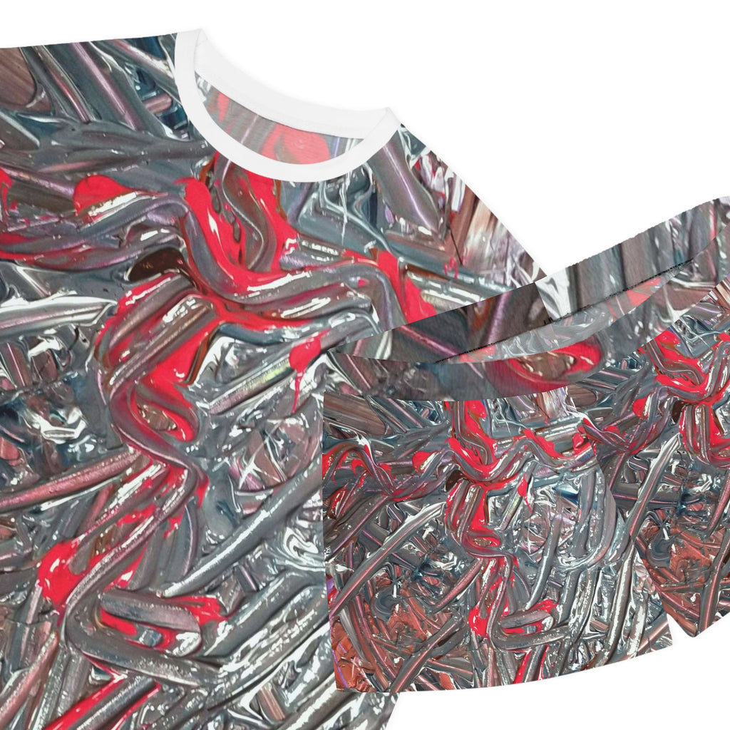 Short Pajama Set — Abstract Metallic Red & Silver All-Over Print