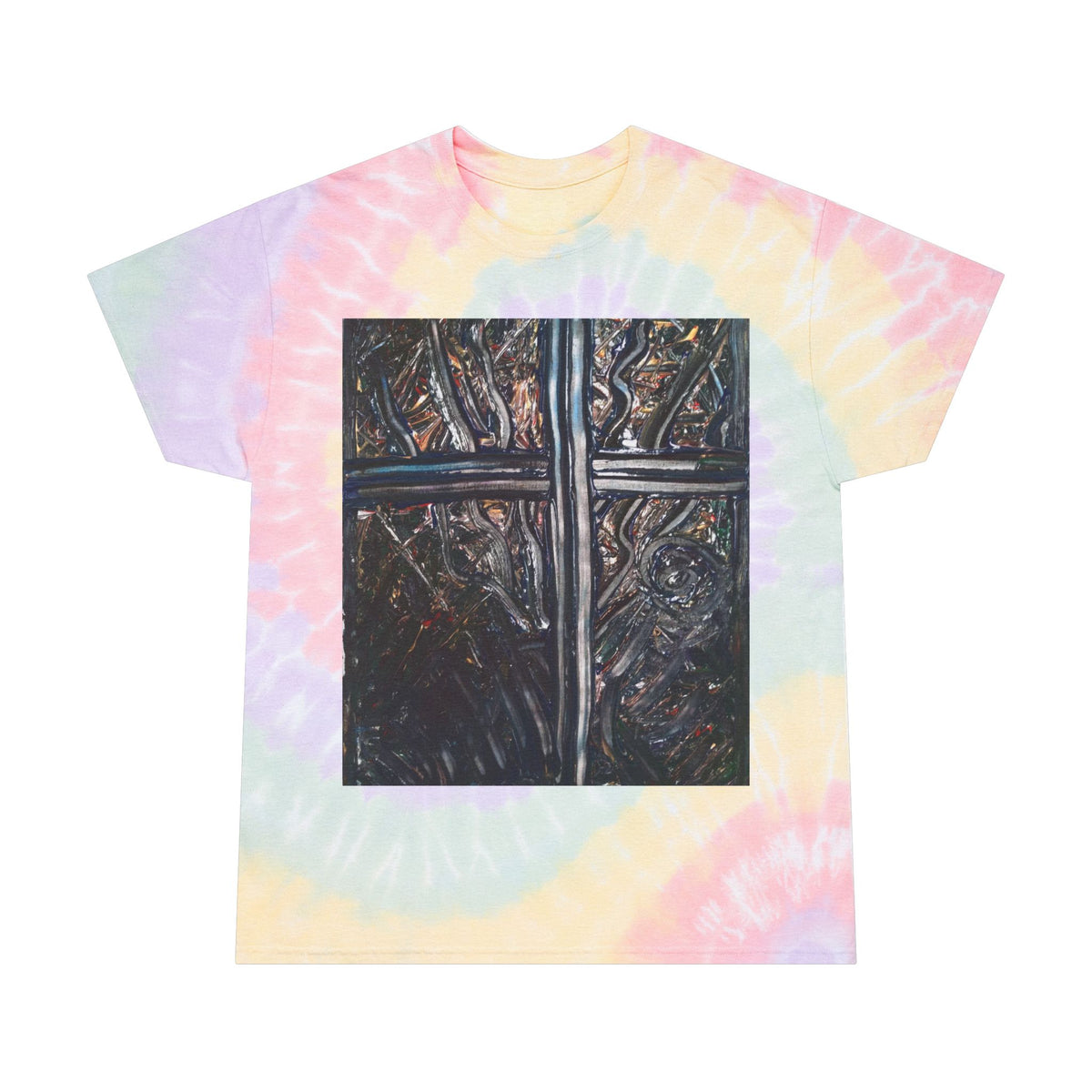 Tie-Dye Spiral Tee with Dark Cross Graphic — Pastel Retro Festival Shirt