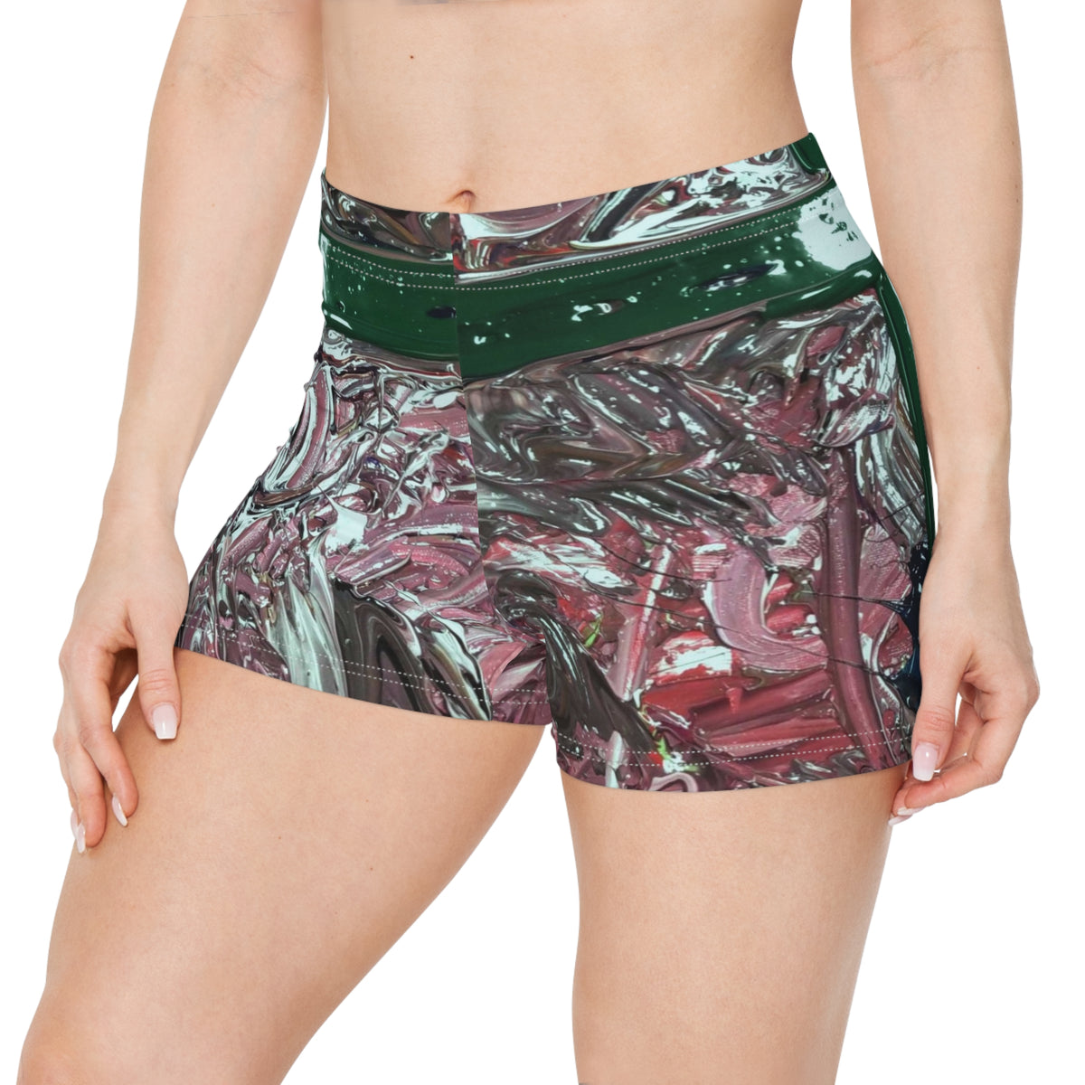 Abstract Metallic Pink & Green Women's Shorts — Artistic All-Over Print