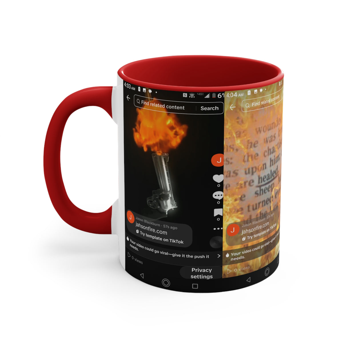 Pink Accent Mug with Fiery Lighter & Script Collage – Artistic Photo Wrap Coffee Cup