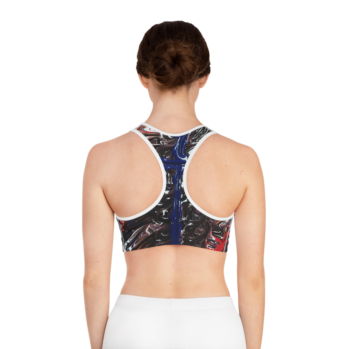Abstract Swirl Sports Bra — Bold Red & Blue All-Over Print