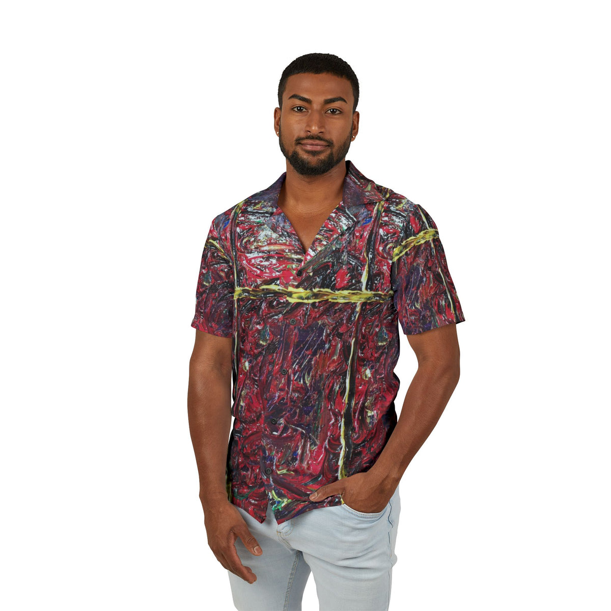 Abstract Red Cross Hawaiian Camp Shirt — Men's Artful AOP Resort Shirt