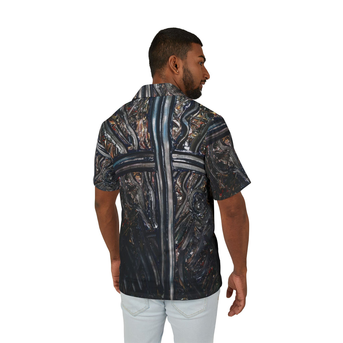 Men's Dark Abstract Hawaiian Camp Shirt — Black Metallic Pattern AOP
