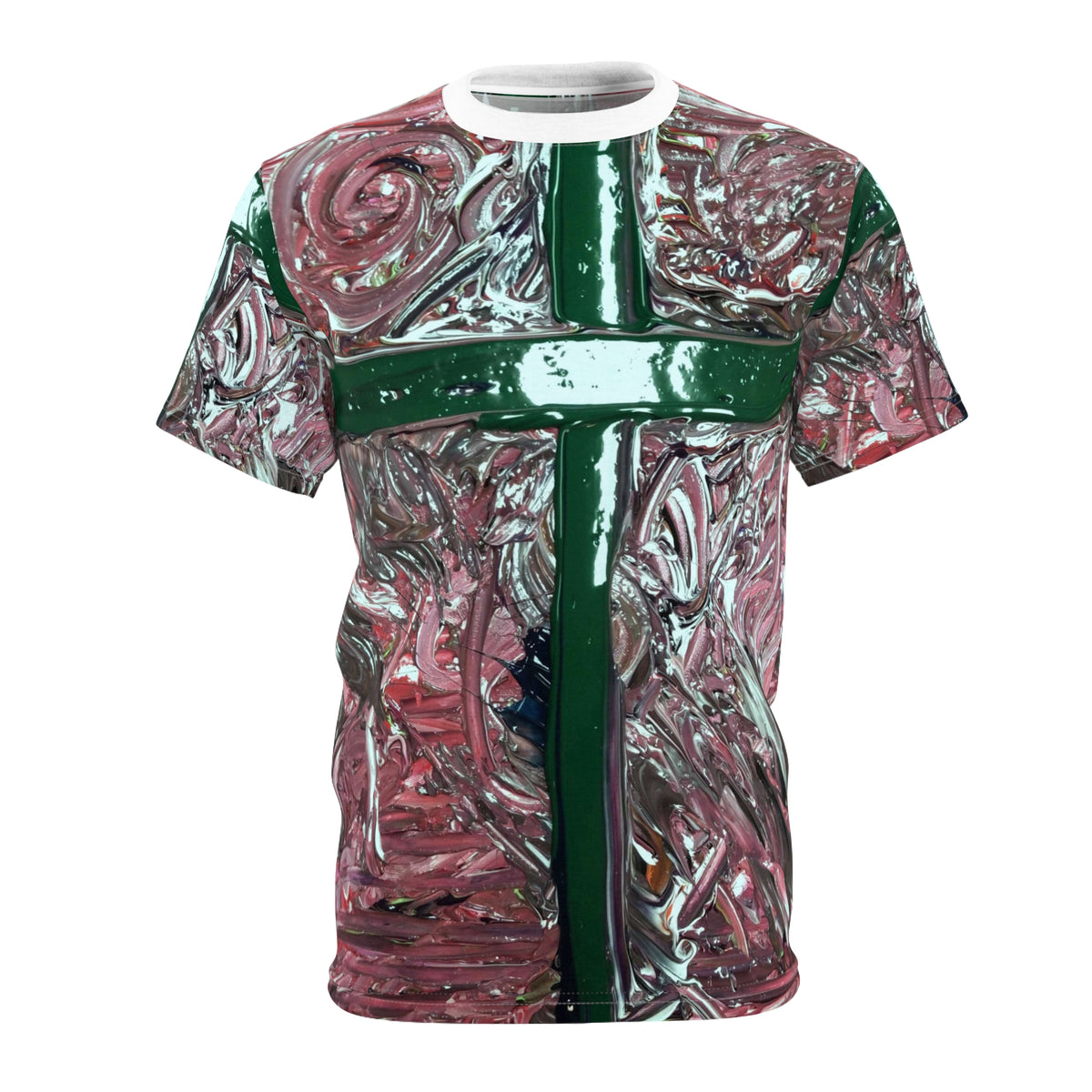 Cross Art Tee — Abstract Green Cross All-Over Print Shirt