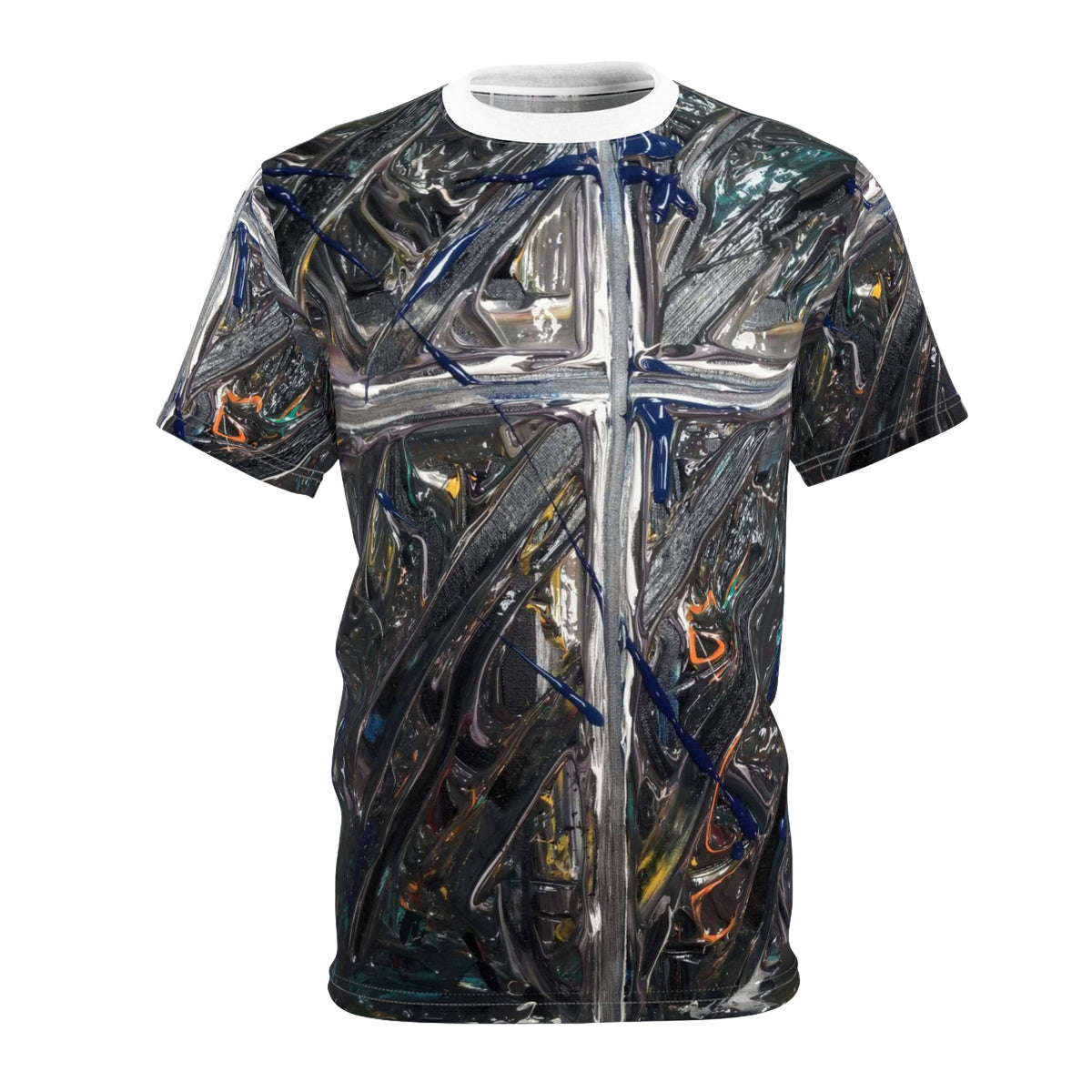 Abstract Cross Graphic Tee — Dark Metallic Brushstroke Design