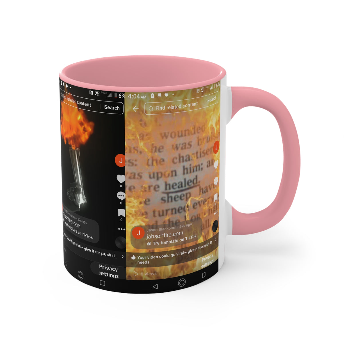 Pink Accent Mug with Fiery Lighter & Script Collage – Artistic Photo Wrap Coffee Cup
