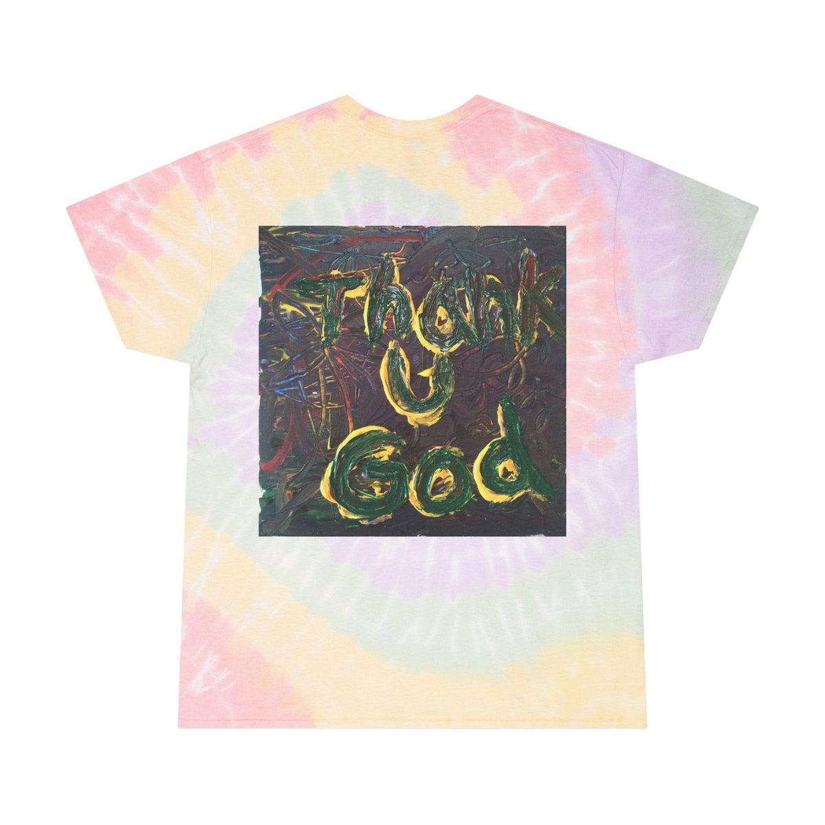 Tie-Dye Spiral Tee - "Thank God" Retro Pastel Graphic T-Shirt