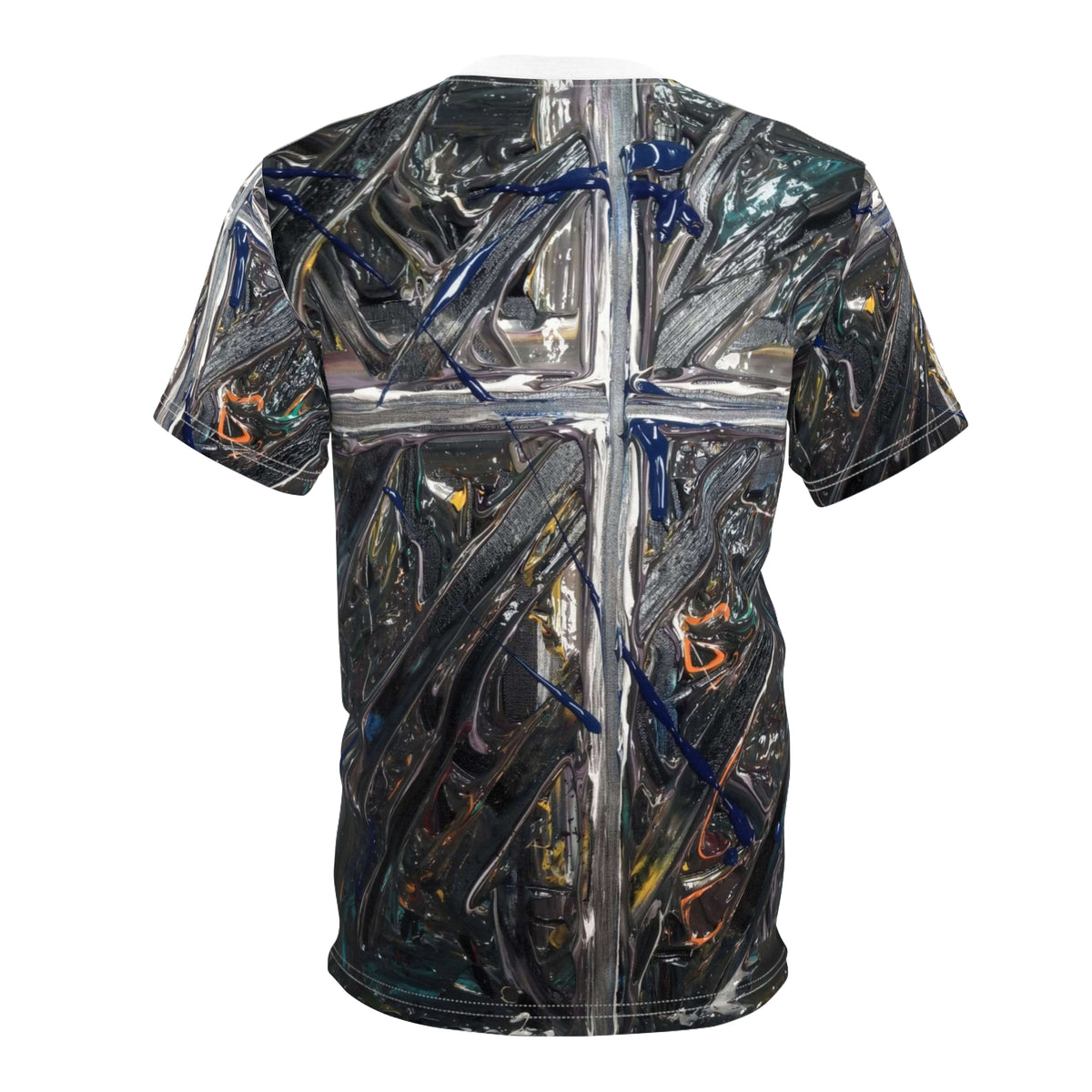 Abstract Cross Graphic Tee — Dark Metallic Brushstroke Design
