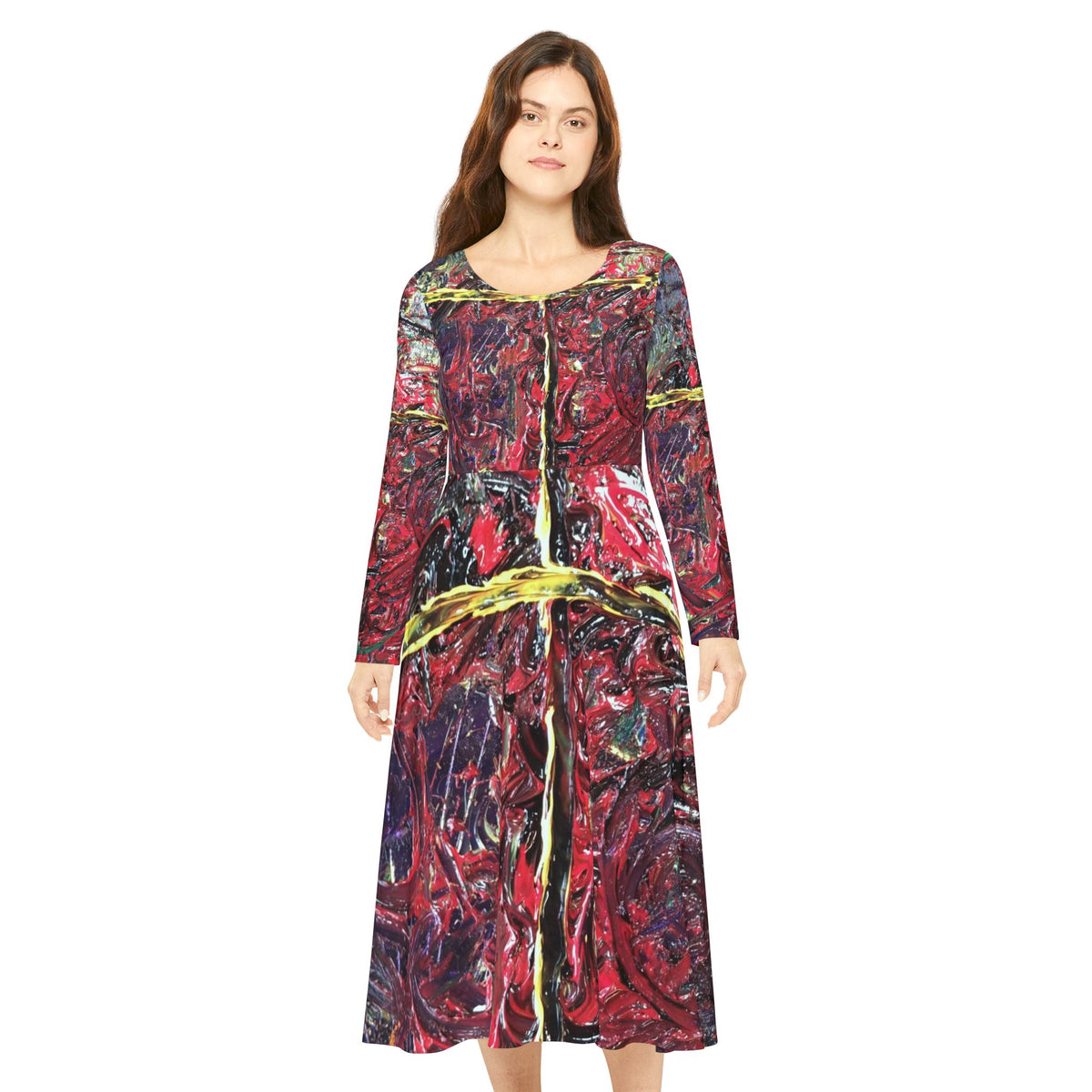 Abstract Red Swirl Long Sleeve Dance Dress – Artistic AOP Circle Skirt