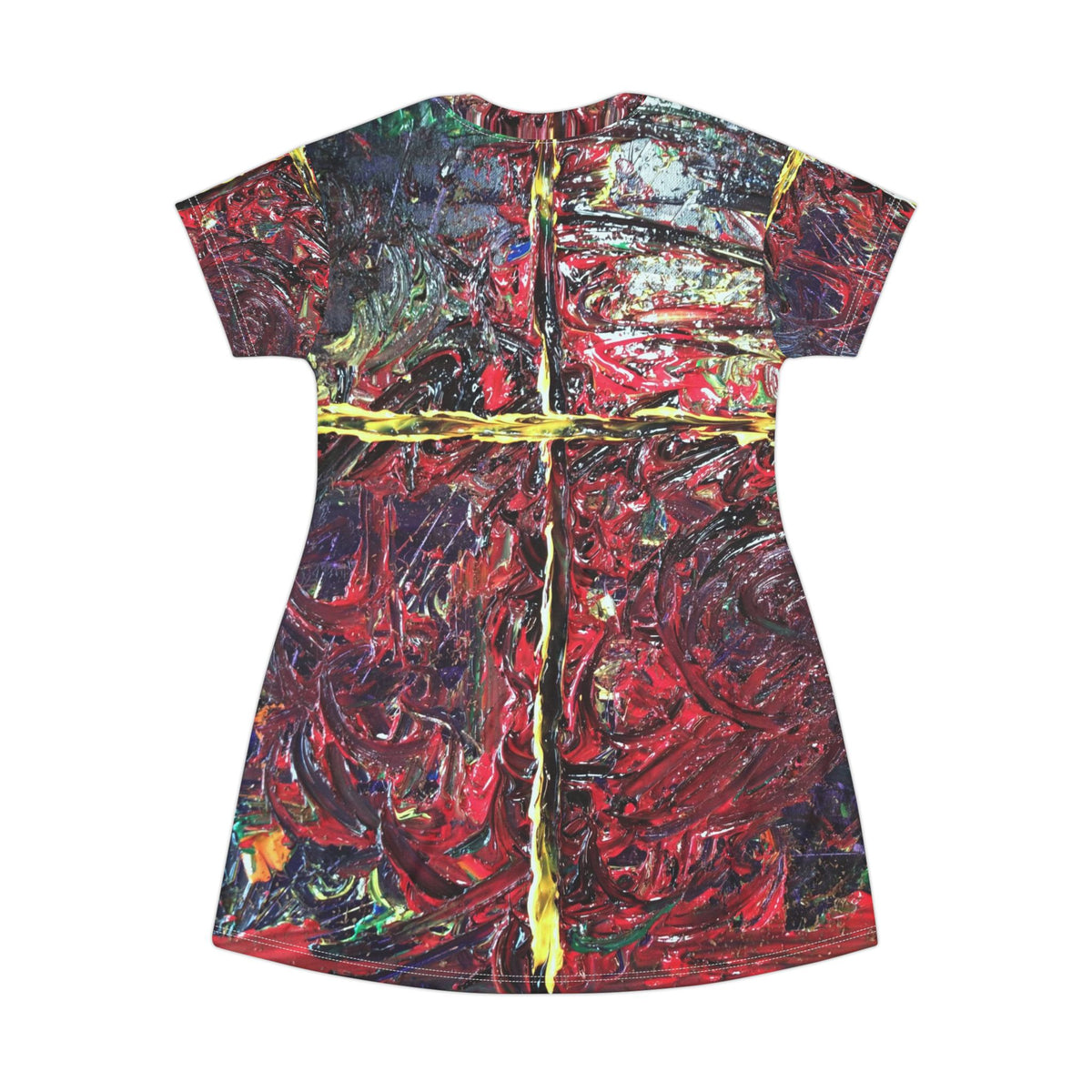 Abstract Cross T-Shirt Dress — Bold Red Textured All-Over Print